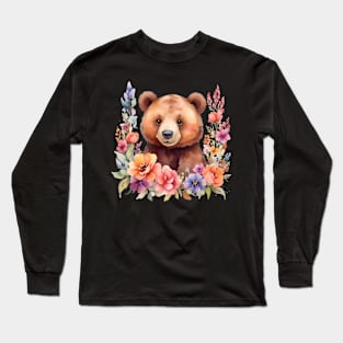 A brown bear decorated with beautiful watercolor flowers Long Sleeve T-Shirt